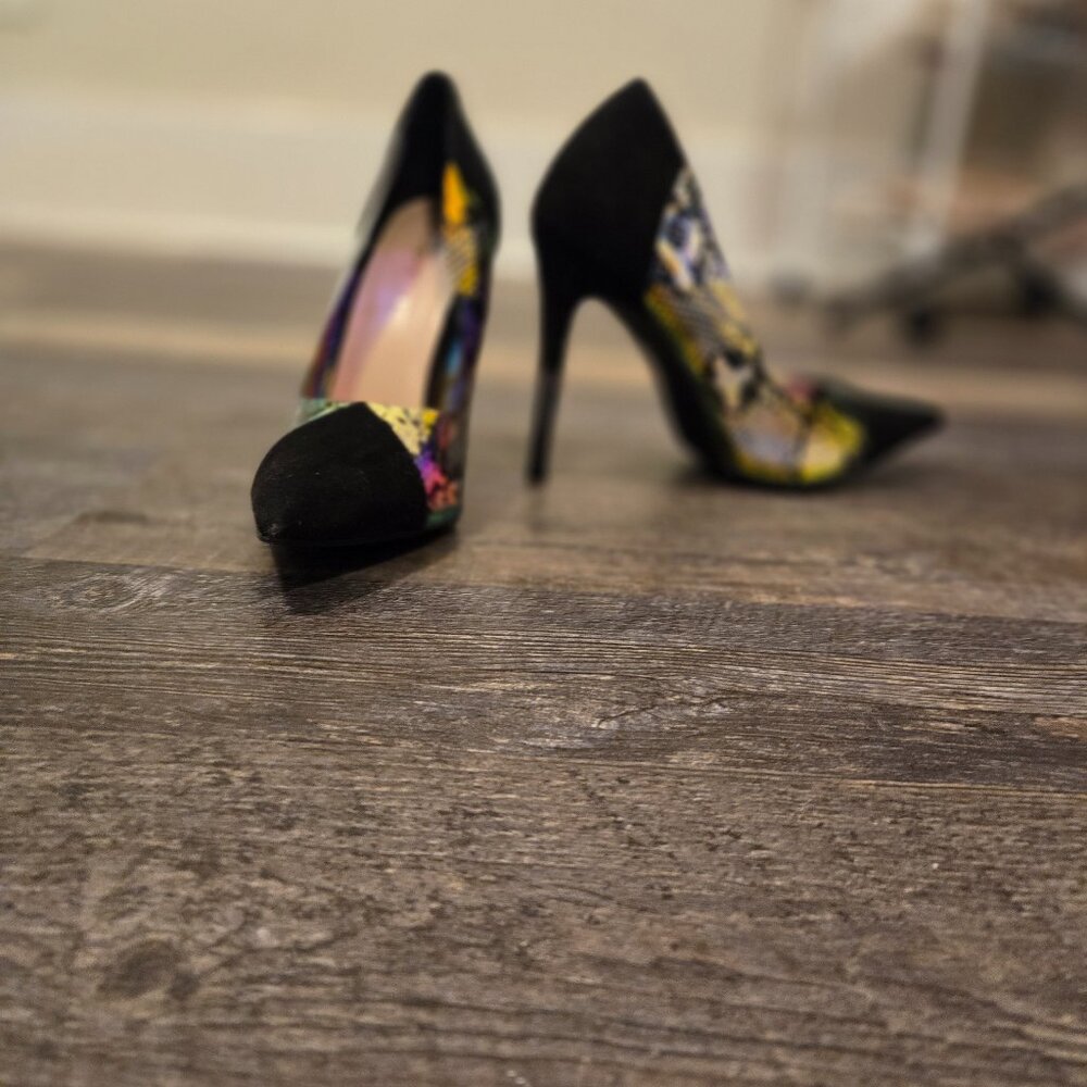 snakeskin vinyl heels